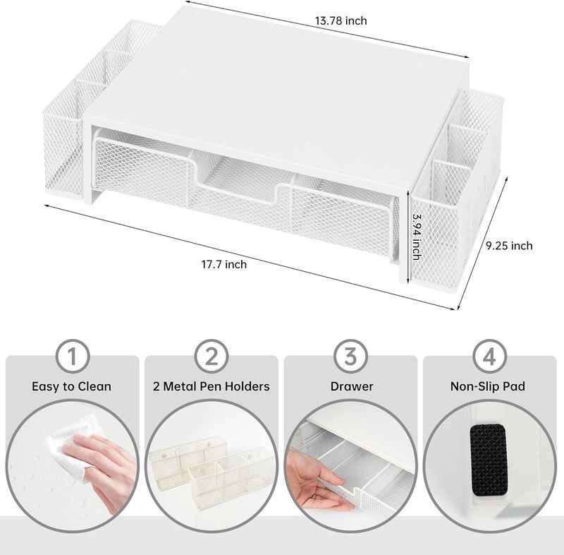Qupui Computer Monitor Stand Riser with Drawer and Pen Holders, Desk Organizer Shelf and Accessories, Office Desk Accessories, Office Organization, White - Image 2